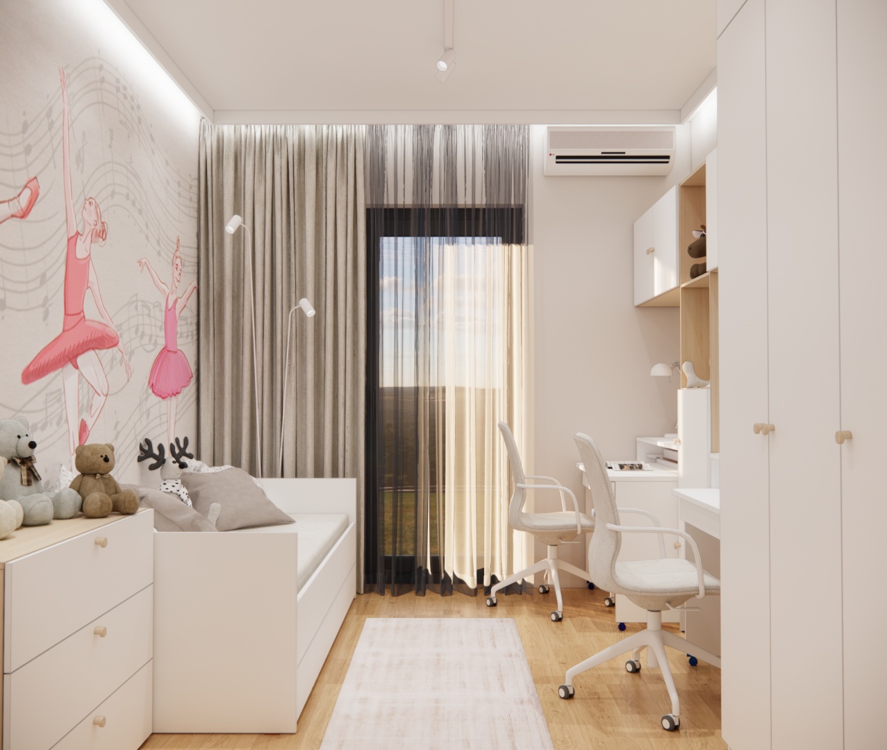 Aranżacja pokoju dziewczęcego 11 m² z łóżkiem z wysuwaną ramą i tapetą z baletnicami.